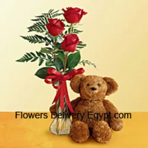 3 Roses Rouges avec des Fougères dans un Vase en Verre accompagnées d'un Mignon Ours en Peluche de 12 Pouces de Hauteur