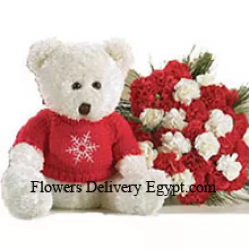 Bouquet de 24 œillets rouges et blancs avec un ours en peluche de taille moyenne mignon