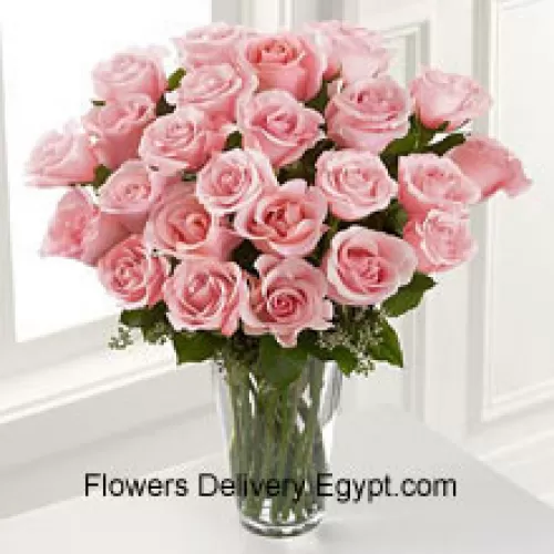 24 Pink Roses With Some Ferns In A Vase