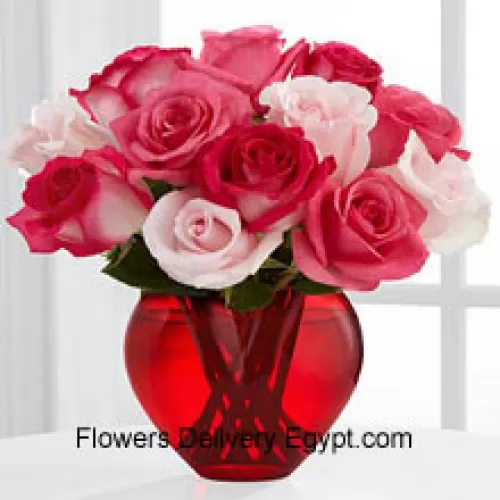 8 Dark Pink Roses With 4 Light Pink Roses In A Glass Vase