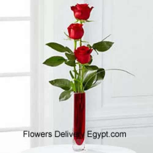 Trois Roses Rouges dans un Vase Tube à Essai Rouge (Nous nous réservons le droit de remplacer le vase en cas de non disponibilité. Stock limité)