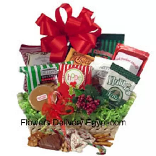 Celebrate EID with a gift that boasts good taste! This natural basket is packed full of delicious time-honored treats. We've included peanuts, fudge, pretzels, cheddar biscuits, cookies, snack mix, peanut brittle, sprinkled pretzels, popcorn and chocolate filled peppermints. (Please Note That We Reserve The Right To Substitute Any Product With A Suitable Product Of Equal Value In Case Of Non-Availability Of A Certain Product)